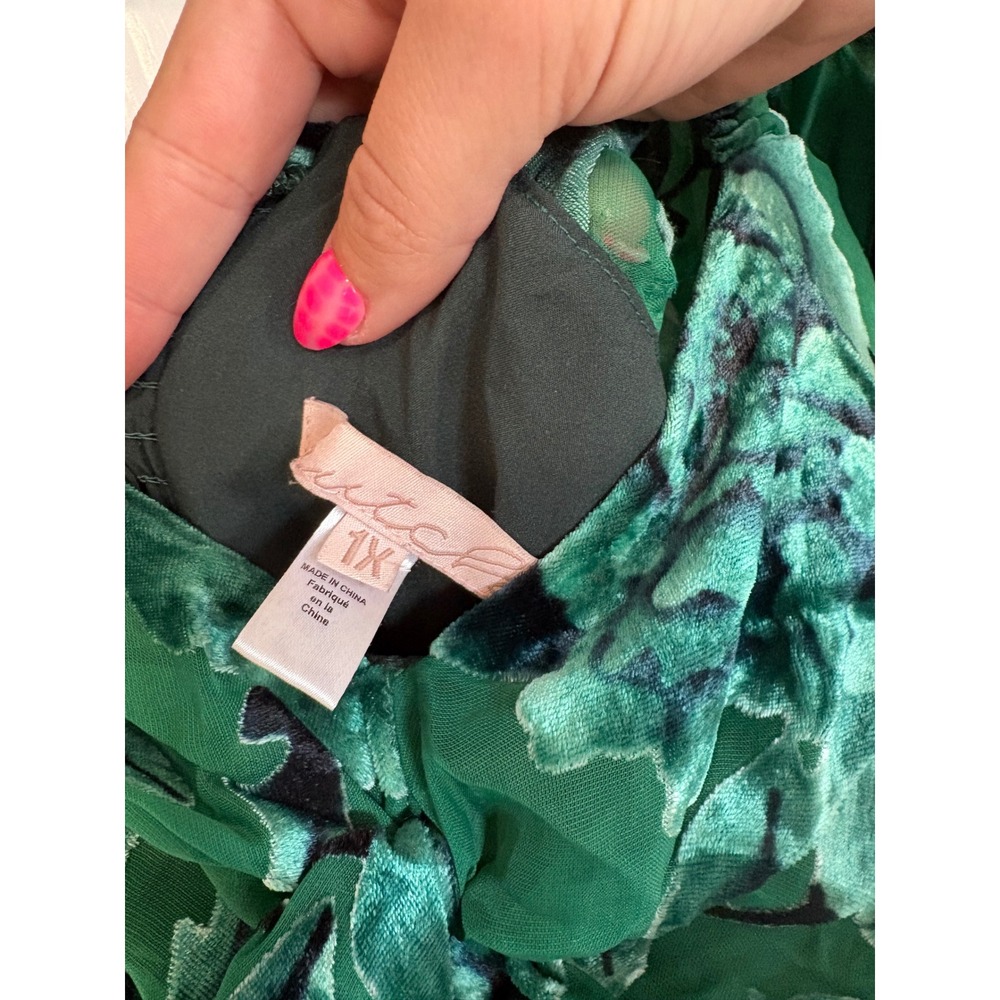 Hutch Green Floral Velvet Twist Front Puff Sleeve Midi Dress Womens 1X - Picture 4 of 6